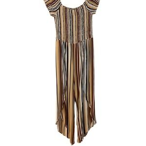 Just Like You Striped Smocked Off Shoulder High Low Jumpsuit Romper‎